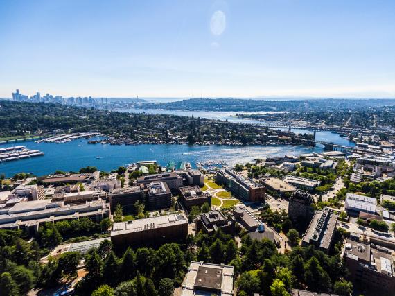 Aerial view of Seattle's University District with Lake Washington in the Background