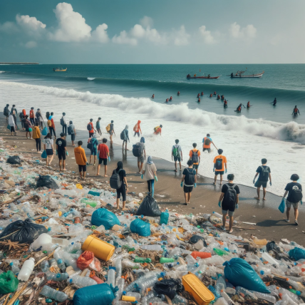 photo_of_a_beach_littered_with_plastic_waste_with_a_group_of_diverse_people_participating_in_a_cleanup_drive._the_sea_waves_bring_in_more_trash