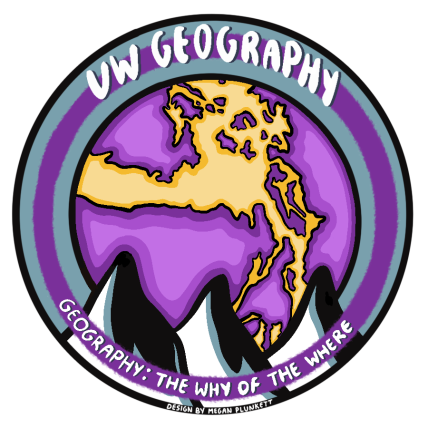 UW Geography Image designed by Megan Plunkett features a purple and gold map of the Salish Sea with black and white outline of Olympic Mountains in the foreground