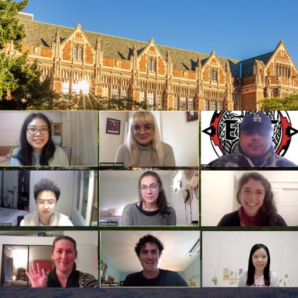 Grid photo of 9 new geography graduate students set against an image of Smith Hall
