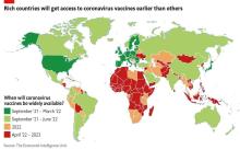 Map indicating rich countries will get access to the coronavirus vaccine earlier than others
