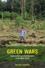 Green Wars book cover. A man raising a stick in front of a forest. 