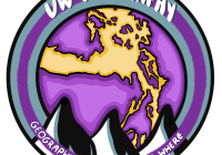 UW Geography Image designed by Megan Plunkett features a purple and gold map of the Salish Sea with black and white outline of Olympic Mountains in the foreground