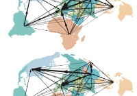 Global map with lines running across it showing interconnections. 